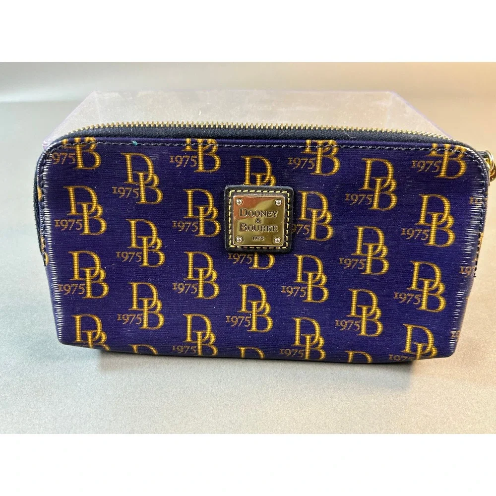 Dooney & Bourke Navy Blue Gold Monogram 1975 Coated Canvas Cosmetic Makeup Bag